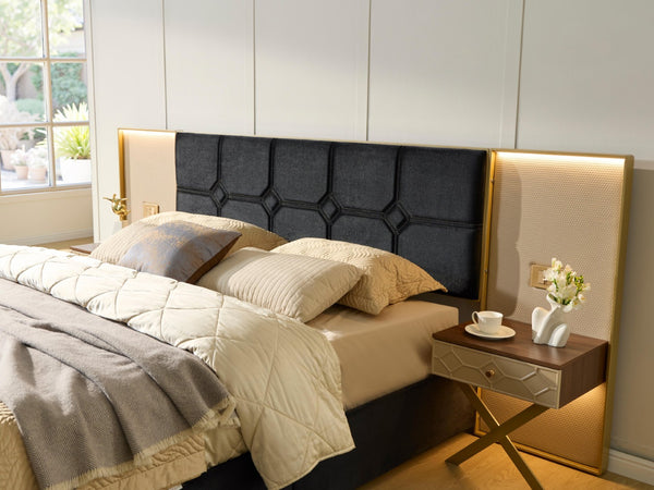 English Elm Luxurious King Velvet Platform Bed with Tufted Headboard Integrated Nightstands Led Lamps W1793S00038