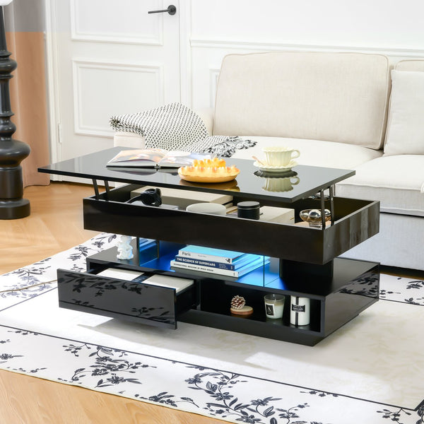 English Elm 39.3" Lift Top Coffee Table with Hidden Storage, 2 Drawers, Adjustable LED Ambience Lights and Durable Lift Mechanism Black W3871P368907