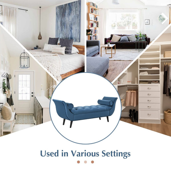 English Elm Upholstered Velvet Tufted Bench with Bolster Pillows Solid Oak Legs Bedroom Entryway Blue N761P304407C