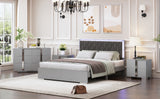 English Elm 4-Pieces Bedroom Sets Queen Size Upholstered Bed With Led Lights, Mirrored Nightstands and Dresser With Metal Handles and Legs,Grey