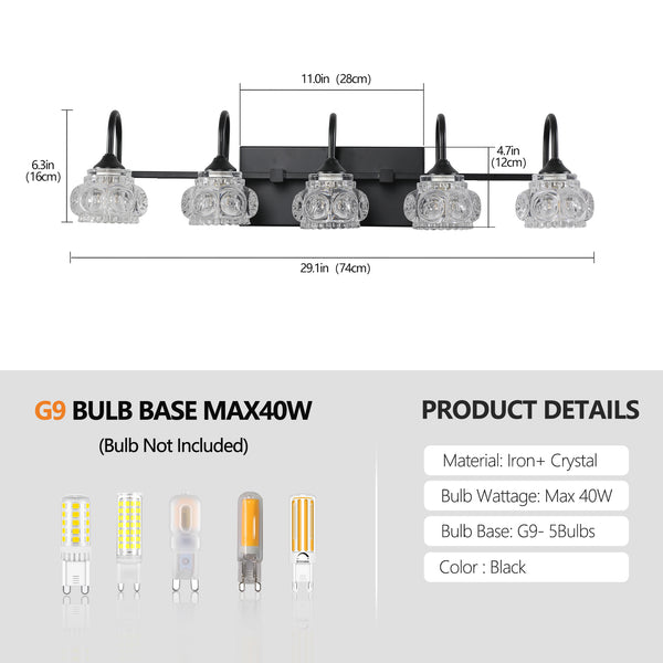 English Elm 29" Retro 5-Light Vanity Light Fixture Black Iron with Crystal Glass Shades Wall-Mounted Glam Bath W2312P374819