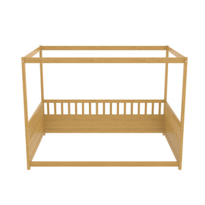 English Elm Full Canopy Bed Frame with Guardrails for Kids Full Size Pine Wood Montessori Floor Bed Cozy Canopy Natural Wood W1858P252841