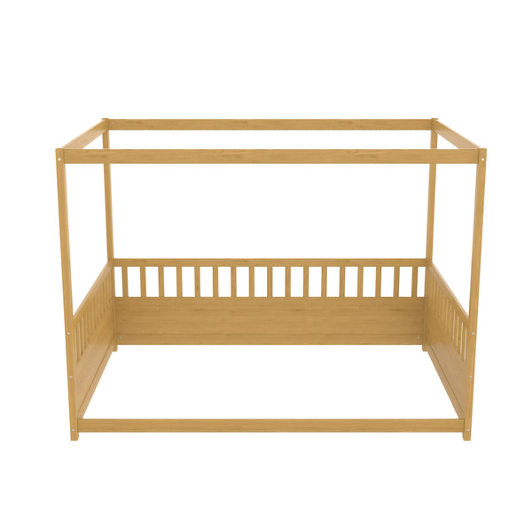 English Elm Full Canopy Bed Frame with Guardrails for Kids Full Size Pine Wood Montessori Floor Bed Cozy Canopy Natural Wood W1858P252841