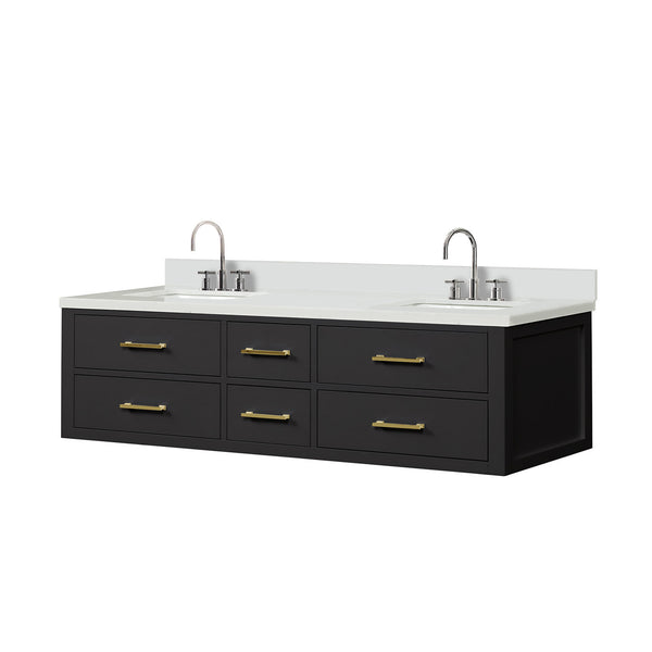 English Elm Black Double Bath Vanity With White Quartz Top, Chrome Faucet Set, Soft-Close Drawers, 72 In. W B2731P258067