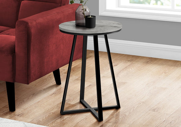English Elm Accent Table - Modern Grey Laminate Round End Table With Black Metal Base For Stylish Spaces B2710P218976