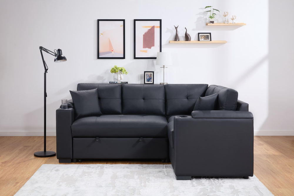 English Elm Donovan Black PVC Sleeper Sectional with USB Ports, Cupholders & Hidden Storage Arms — Versatile Comfort B061S00873