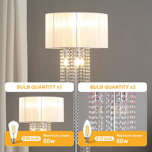 English Elm 65.75"H Sheer White Drum Shade Floor Lamp with Cascade Crystal Raindrops, Chrome Metal Elegance for Living Room Silver+White B072P220160