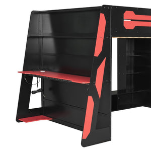 English Elm Full Size Wood Loft Bed with Rgb Lighting Desk Storage and Gaming Console Shelf Red LT000260AAR
