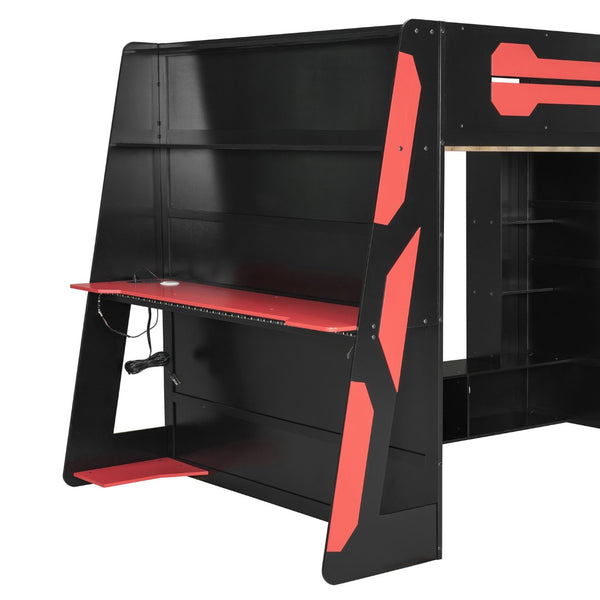 English Elm Full Size Wood Loft Bed with Rgb Lighting Desk Storage and Gaming Console Shelf Red LT000260AAR
