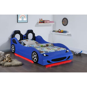 English Elm Solana Race Car Twin Bed with LED Underglow Lights, Padded Headboard & Realistic Wheels for Kids B062S01110