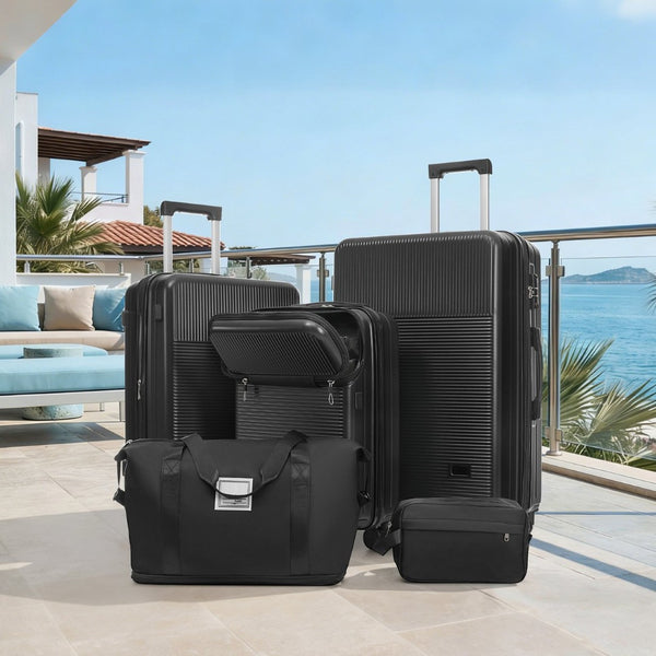 English Elm Luggage 5 Piece Hardside Abs Set with Front Access Carry on and Tsa Spinner Wheels Black N732P391579B