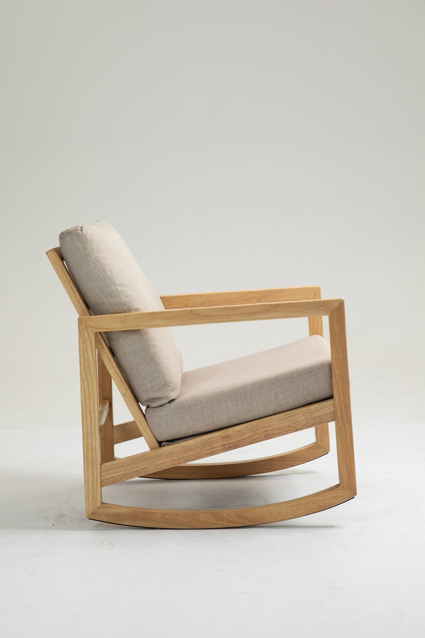 English Elm Upholstered Glider Accent Chair with Rubberwood Frame in Khaki - Plush Linen Blend, Midcentury Flair W1762P188607