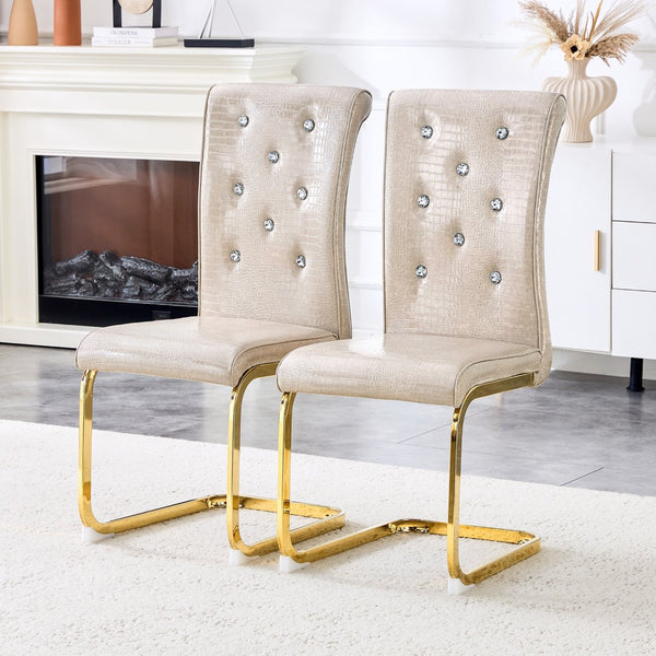 English Elm Set of 2 Glam Faux Alligator Pvc Dining Chairs with Crystal Buckle Bow Legs Beige W3875P371038