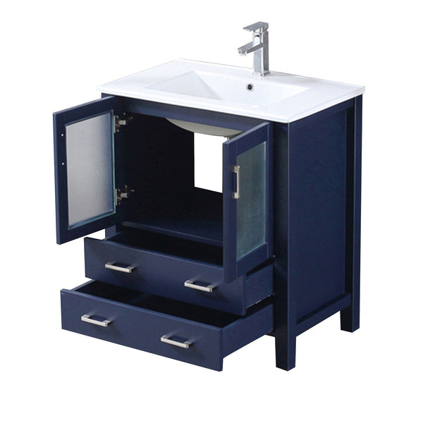 English Elm Navy Blue Bath Vanity 30” W, Contemporary White Ceramic Top & Chrome Faucet Set For Stylish Storage B2731P260511