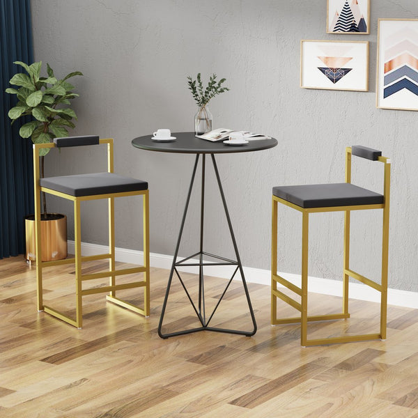 English Elm Set of 2 Velvet Bar Stools with Gold Frame and Footrest — Modern Counter Height Dining Chairs W1757P310420