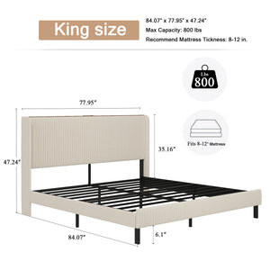 English Elm King Size Platform Bed with Storage Headboard, USB Charging Ports, Metal Slats, Beige, Noise-Free Assemble W636P288882