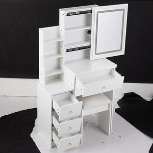 English Elm 29.2" Stylish Compact Vanity Table Set With Led Mirror, Usb Ports, Hair Dryer Bracket & Stool W936P226042