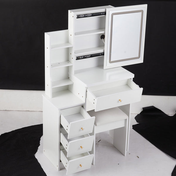 English Elm 29.2" Stylish Compact Vanity Table Set With Led Mirror, Usb Ports, Hair Dryer Bracket & Stool W936P226042