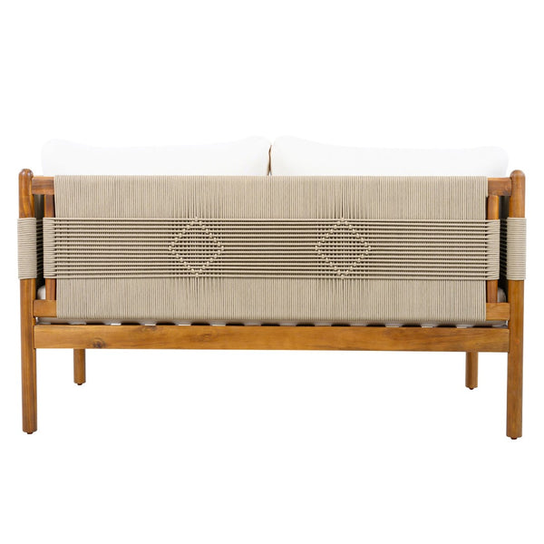English Elm Outdoor Acacia Wood Loveseat Handwoven Rope Weave Patio Seating with Cushions Beige,Cream,Teak N768P361444T