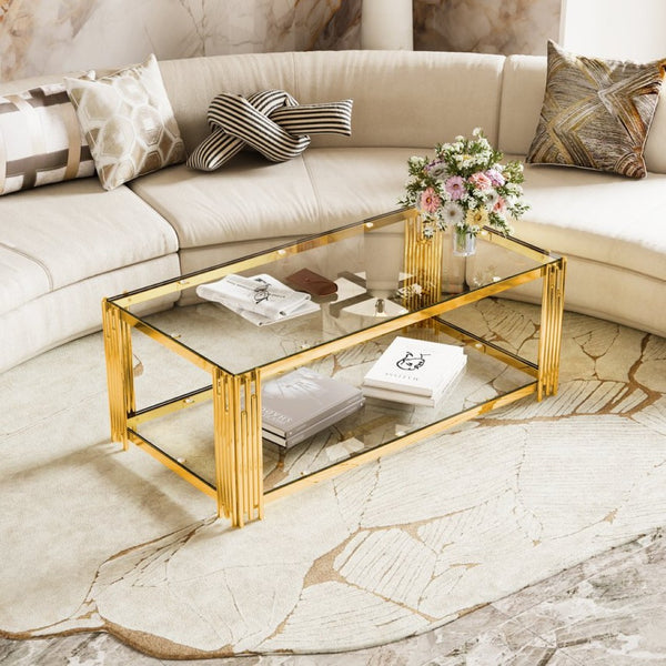 English Elm Modern Glam Rectangular Coffee Table with Mirrored Top Gold Sculptural Frame Open Shelf Transparent N735P380099K