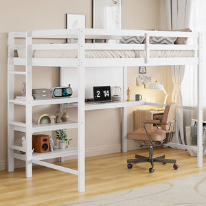 English Elm Twin Loft Bed with Built-in Desk Shelving and Dry-erase Board for Kids Rooms White LT100320AAK