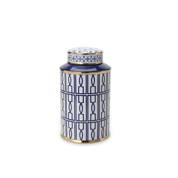 English Elm Elegant White Ceramic Ginger Jar With Blue Geometric Pattern - Versatile Home Decor Accent Piece B030P308553