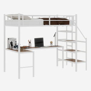 English Elm Loft loft bed with L-shaped desk, built-in storage stairs, 360° guardrail, sturdy iron frame for small rooms White W1935S00004