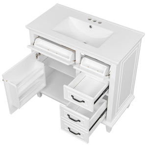 English Elm 36 Inch Bathroom Vanity - Modern Ceramic Sink, Solid Wood Frame, Adjustable Storage & Soft-Close Doors N725P336554K