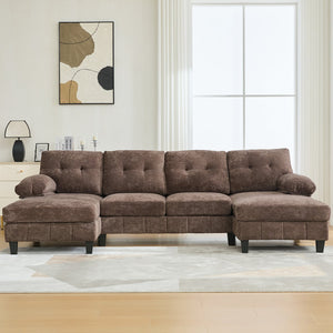 English Elm U-shaped Chenille Sectional Sofa with Dual Chaise Lounges, Tufted Back, Storage Pockets & Pillows Brown N719S002040D