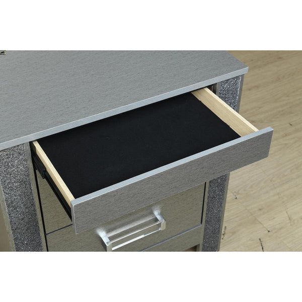 English Elm Lorenzo Silver Nightstand with Hidden Jewelry Compartment, Glitter Finish, Acrylic Handles, Spacious Drawers B201P298429