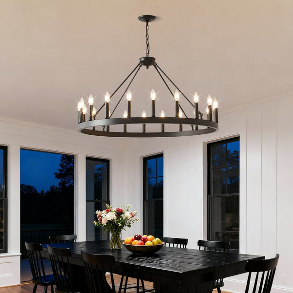 English Elm 20-light Oversized Wagon Wheel Chandelier Matte Black Farmhouse Style for Grand Spaces W5008P388936