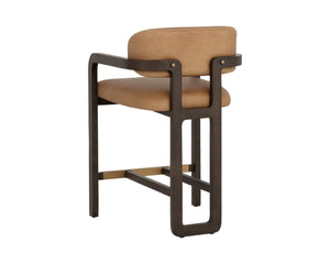 Sunpan MADRONE Counter Stool - Modern Brown Oak Frame with Low-Back Ludlow Sesame Leather Comfort Seat 112681
