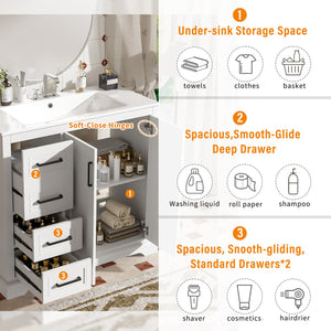 English Elm 36" Modern Bathroom Vanity with Ceramic Sink, Soft-Close Doors, 3 Drawers & Ample Storage for Small Baths White N729P280194K