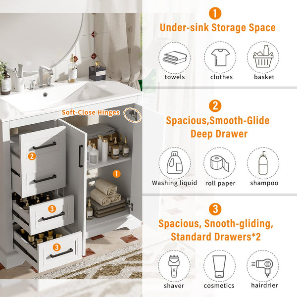 English Elm 36" Modern Bathroom Vanity with Ceramic Sink, Soft-Close Doors, 3 Drawers & Ample Storage for Small Baths White N729P280194K