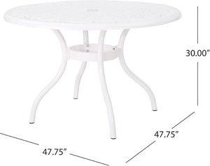 English Elm Dieter Cast Aluminum Round Outdoor Dining Set Seats Four with Scrollwork Lattice Detail N776P381164W-4_54588.00WHI