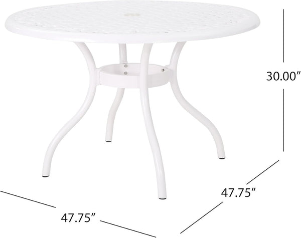 English Elm Dieter Cast Aluminum Round Outdoor Dining Set Seats Four with Scrollwork Lattice Detail N776P381164W-4_54588.00WHI