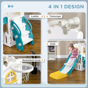 English Elm Qaba Toddler Indoor Playset with Slide Climber Basketball Hoop Telescope Storage W2225P217348