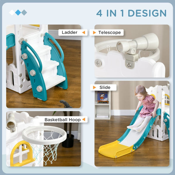 English Elm Qaba Toddler Indoor Playset with Slide Climber Basketball Hoop Telescope Storage W2225P217348
