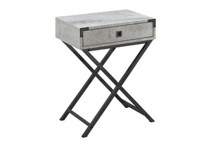 English Elm Accent Table Grey Laminate with Storage Drawer & Black Metal X Legs — Contemporary Retro Nightstand B2710P219332