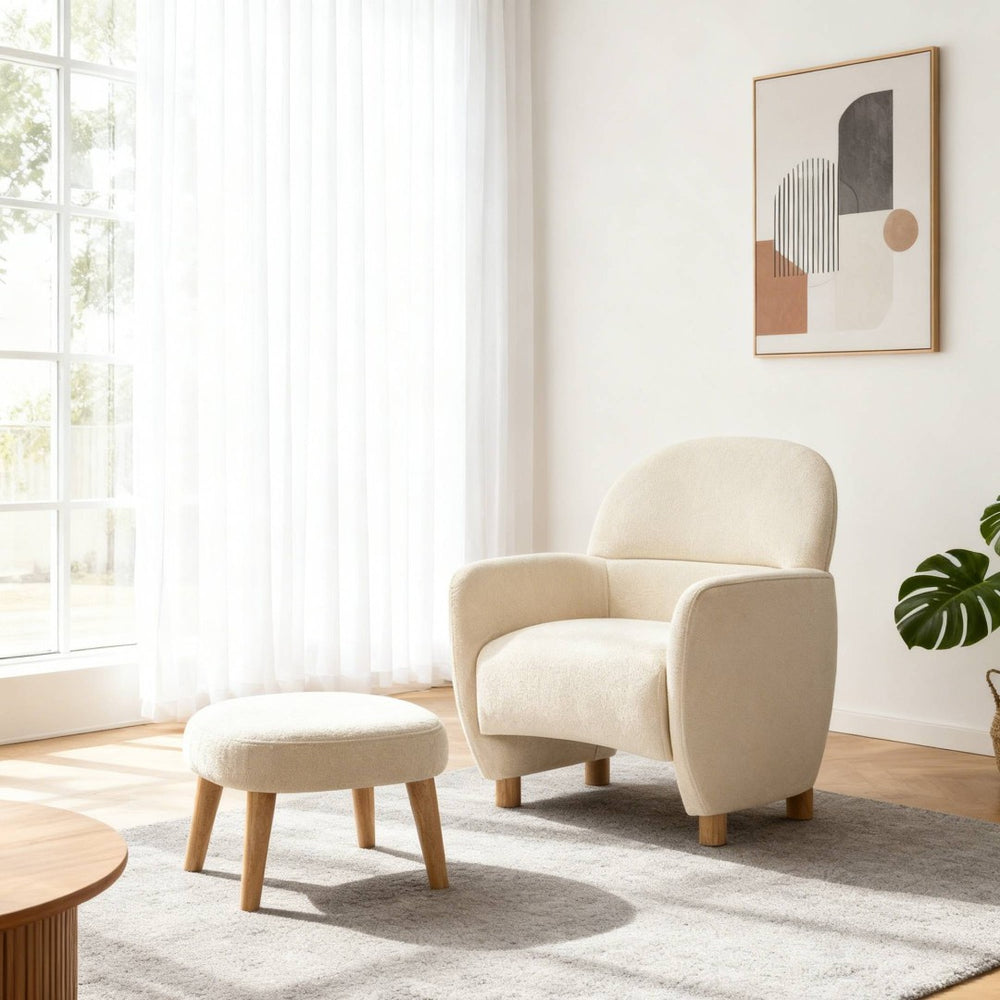 English Elm Modern Upholstered Accent Chair with Ottoman Set for Cozy Reading Nooks and Small Spaces Beige+White W2085P382556