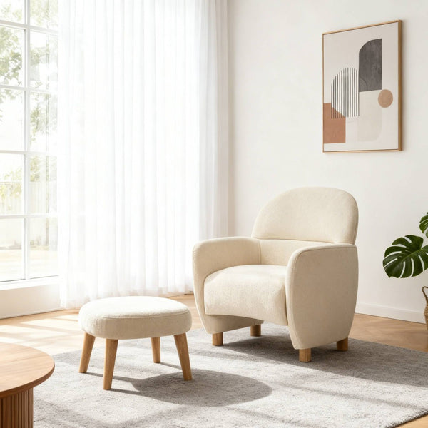 English Elm Modern Upholstered Accent Chair with Ottoman Set for Cozy Reading Nooks and Small Spaces Beige+White W2085P382556