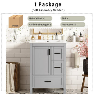 English Elm Modern 24 Inch Bathroom Vanity Solid Wood Cabinet with Ceramic Sink and Soft Close Storage Gray N729P292859E