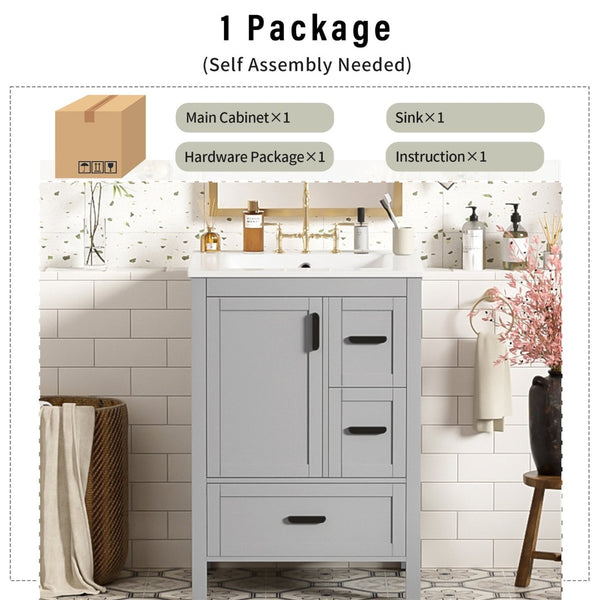 English Elm Modern 24 Inch Bathroom Vanity Solid Wood Cabinet with Ceramic Sink and Soft Close Storage Gray N729P292859E