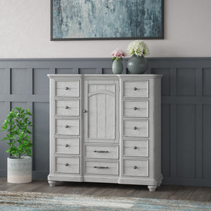 English Elm Wallace & Bay - Gray 12-Drawer Master Chest With Cabinet — Coastal Farmhouse Wood Dresser, Soft Gray Finish, 56" H B361P384422