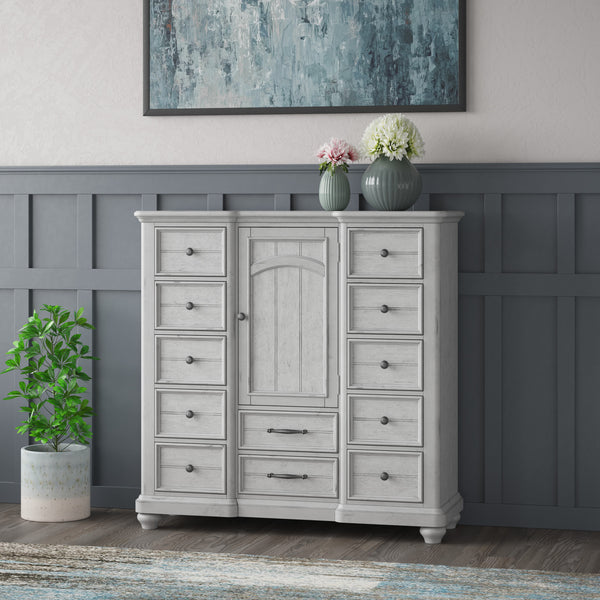 English Elm Wallace & Bay - Gray 12-Drawer Master Chest With Cabinet — Coastal Farmhouse Wood Dresser, Soft Gray Finish, 56" H B361P384422