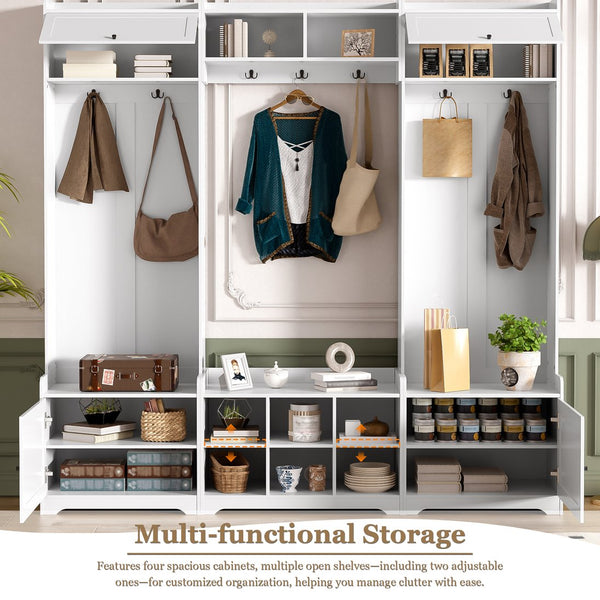 English Elm VIBE Modern Hall Tree with Shoe Cabinets, 3-Seat Bench, 7 Hooks & Adjustable Shelves, 79" wide White SJ000147AAK