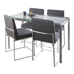 English Elm Fuji Modern High Back Dining Set with Tempered Glass Top, Brushed Steel Frame and Plush Faux Leather Chairs Grey B202S01509