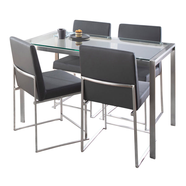 English Elm Fuji Modern High Back Dining Set with Tempered Glass Top, Brushed Steel Frame and Plush Faux Leather Chairs Grey B202S01509