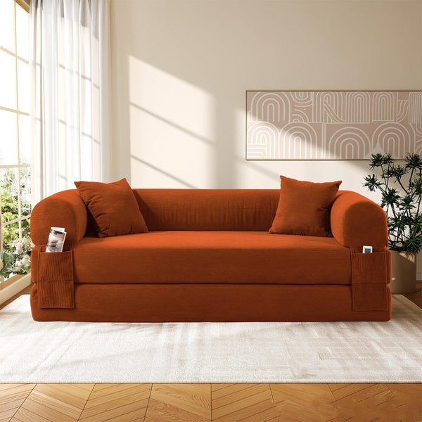 English Elm Convertible Corduroy Sleeper Sofa Queen Fold Out Bed with Dual Storage Pockets Orange W3396P483177