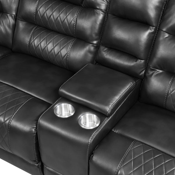 English Elm 113.5" Manual Reclining Sectional Sofa Set L-Shaped Symmetrical Motion Couch with LED Strip, 4 Cup Holders, Storage Boxes and Durable PU Leather Frame Black N719S001150B